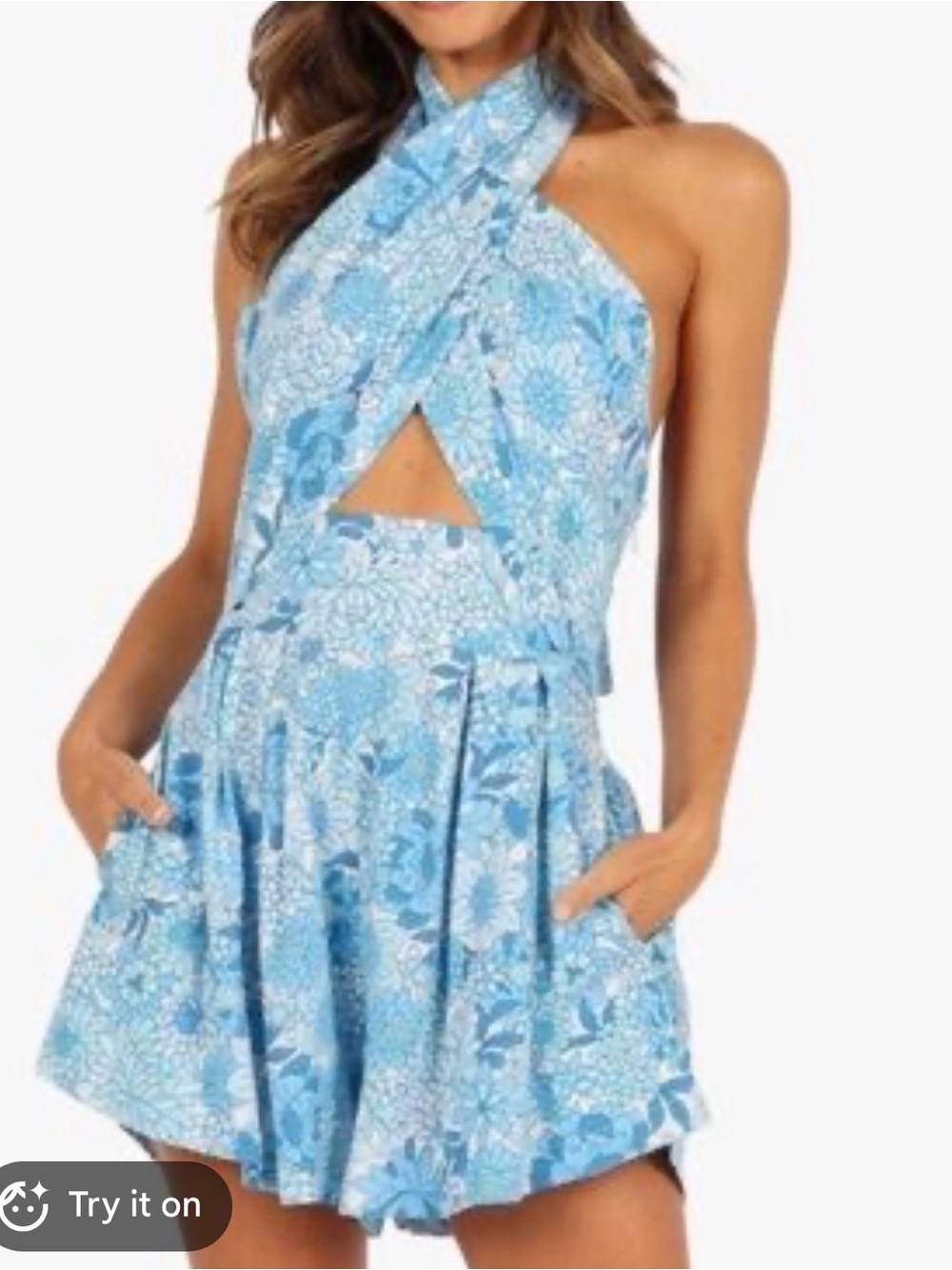 Petal & Pup Blue Floral Halter Romper Dress
